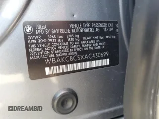 2010 BMW 7 Series 750Li xDrive with VIN WBAKC8C5XAC430699, listed as a Copart auction lot 59539825 with Not provided miles and Salvage title. Bid and sale history available at DreamBid. Image 13.