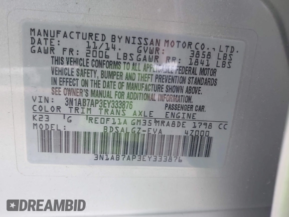2014 Nissan Sentra S with VIN 3N1AB7AP3EY333876, listed as a IAAI auction lot 41268361 with 172,758 mi miles and . Bid and sale history available at DreamBid. Image 9.