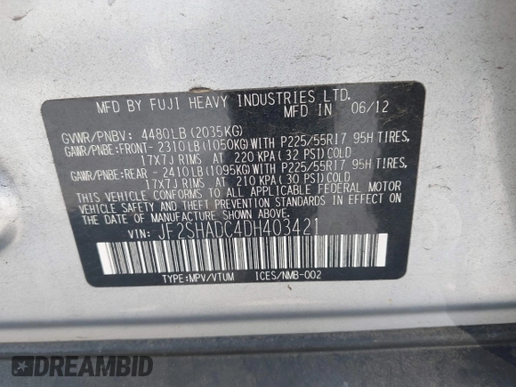 2013 Subaru Forester X Premium with VIN JF2SHADC4DH403421, listed as a IAAI auction lot 42475417 with 91,973 mi miles and . Bid and sale history available at DreamBid. Image 9.