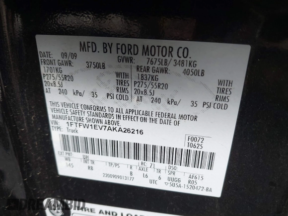 2010 Ford F-150 XL с VIN 1FTFW1EV7AKA26216, выставлен на аукционе IAAI как лот 42138717 с пробегом 122 023 миль миль и . История ставок и продаж доступна на DreamBid. Изображение 9.