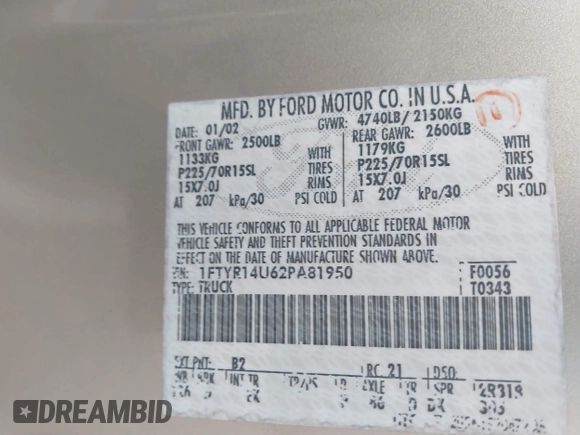 2002 Ford Ranger XL with VIN 1FTYR14U62PA81950, listed as a IAAI auction lot 41801551 with 260,942 mi miles and . Bid and sale history available at DreamBid. Image 9.