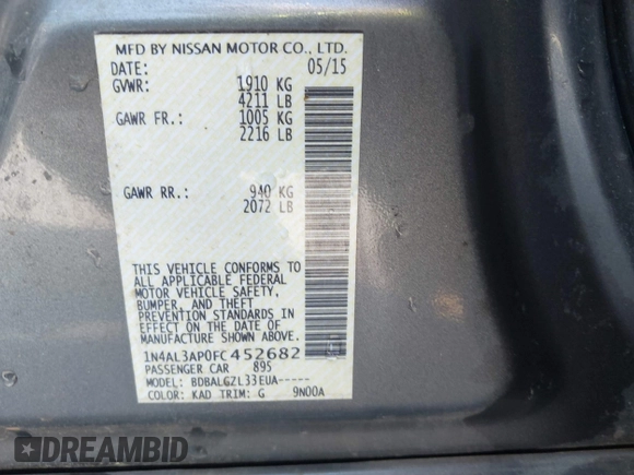 2015 Nissan Altima 2.5 S with VIN 1N4AL3AP0FC452682, listed as a IAAI auction lot 41872360 with 187,247 mi miles. Bid and sale history available at carsss.com. Image 9.