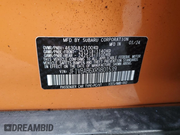 2024 Subaru WRX with VIN JF1VBAB6XR9801539, listed as a Copart auction lot 82862484 with 3,561 mi miles and Salvage Title. Bid and sale history available at carsss.com. Image 12.