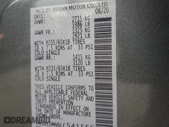 2020 Infiniti QX60 Luxe with VIN 5N1DL0MN6LC541566, listed as a Copart auction lot 59375575 with 43,485 mi miles and Salvage title. Bid and sale history available at DreamBid. Image 13.