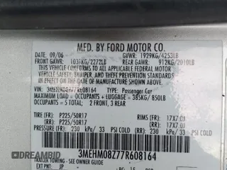 2007 Mercury Milan Premier with VIN 3MEHM08Z77R608164, listed as a Copart auction lot 51136515 with 208,136 mi miles and Salvage title. Bid and sale history available at DreamBid. Image 12.