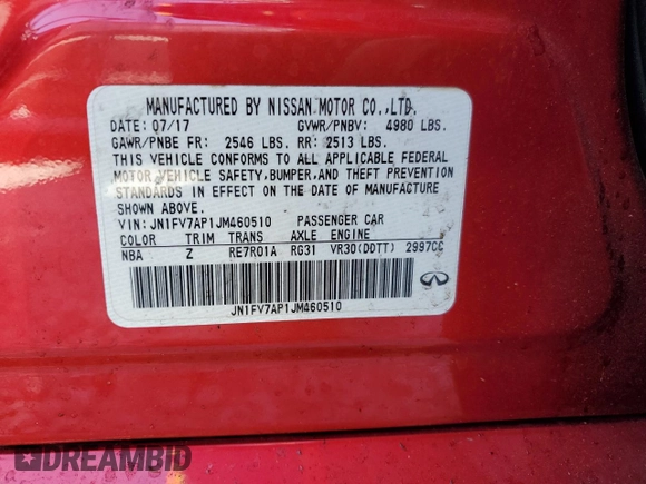 2018 Infiniti Q50 Red Sport 400 with VIN JN1FV7AP1JM460510, listed as a Copart auction lot 53756065 with Not provided miles and Salvage title. Bid and sale history available at DreamBid. Image 13.