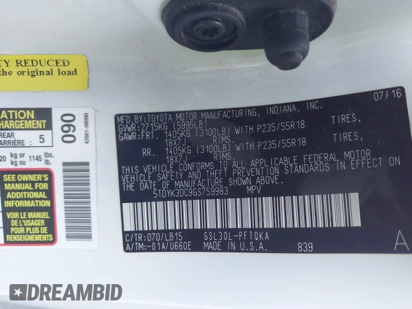 2016 Toyota Sienna XLE with VIN 5TDYK3DC9GS759983, listed as a IAAI auction lot 40859938 with 120,066 mi miles and . Bid and sale history available at DreamBid. Image 9.