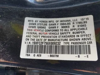 2016 Honda Civic Sedan EX with VIN 19XFC2F75GE009232, listed as a IAAI auction lot 41986268 with 160,707 mi miles. Bid and sale history available at carsss.com. Image 9.