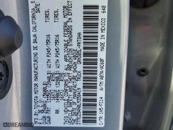 2020 Toyota Tacoma 4WD SR5 with VIN 3TMCZ5AN0LM358419, listed as a Copart auction lot 49226745 with 60,021 mi miles and Salvage Title. Bid and sale history available at carsss.com. Image 14.