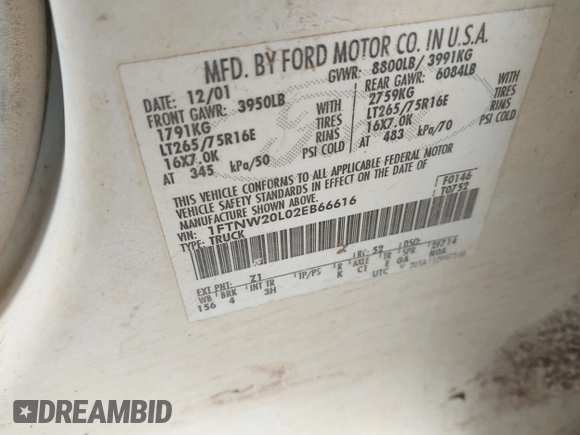 2002 Ford F-250 XL with VIN 1FTNW20L02EB66616, listed as a IAAI auction lot 42254800 with 219,935 mi miles and . Bid and sale history available at DreamBid. Image 9.