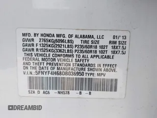 2013 Honda Pilot EX-L with VIN 5FNYF4H68DB036950, listed as a IAAI auction lot 41877107 with 178,435 mi miles and . Bid and sale history available at carsss.com. Image 9.