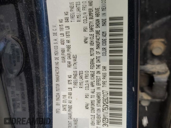 2016 Mazda 3 i Touring with VIN 3MZBM1V75GM280107, listed as a Copart auction lot 53711545 with 58,032 mi miles and Salvage Title. Bid and sale history available at DreamBid. Image 12.