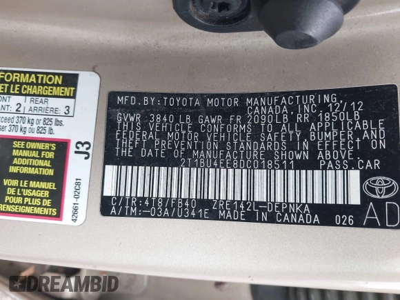 2013 Toyota Corolla L with VIN 2T1BU4EE8DC018511, listed as a IAAI auction lot 42174227 with 158,939 mi miles. Bid and sale history available at carsss.com. Image 9.