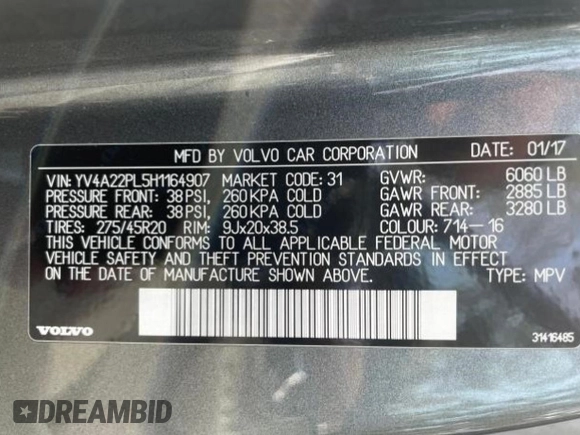 2017 Volvo XC90 Inscription with VIN YV4A22PL5H1164907, listed as a Copart auction lot 49088165 with 146,090 mi miles and Clean Title. Bid and sale history available at carsss.com. Image 10.