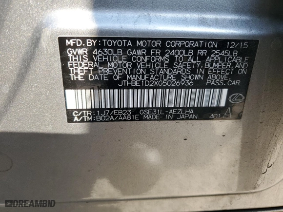 2016 Lexus IS 350 with VIN JTHBE1D2XG5026936, listed as a Copart auction lot 42792425 with 139,038 mi miles and Salvage Title. Bid and sale history available at carsss.com. Image 12.