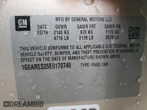 2014 Cadillac CTS Luxury RWD with VIN 1G6AR5S35E0170749, listed as a Copart auction lot 50735645 with 105,638 mi miles and Salvage Title. Bid and sale history available at DreamBid. Image 14.