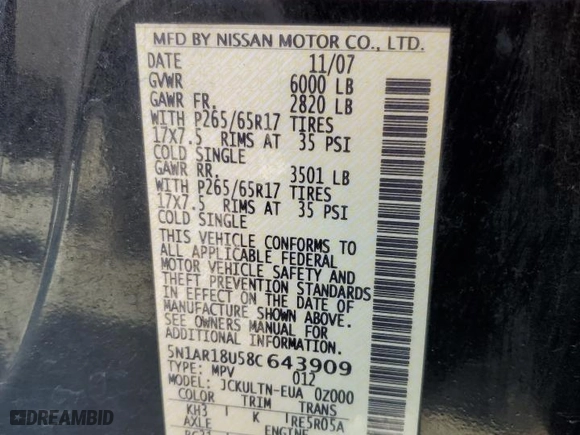 2008 Nissan Pathfinder S with VIN 5N1AR18U58C643909, listed as a Copart auction lot 47435565 with 210,390 mi miles and Salvage Title. Bid and sale history available at carsss.com. Image 15.