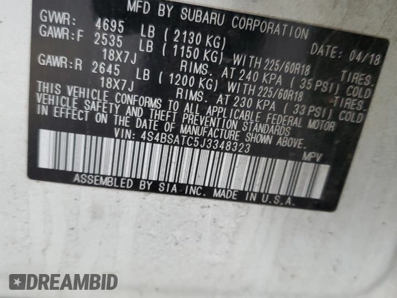 2018 Subaru Outback Touring with VIN 4S4BSATC5J3348323, listed as a Copart auction lot 50275885 with 109,399 mi miles and Clean title. Bid and sale history available at DreamBid. Image 13.