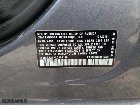 2020 Volkswagen Passat 2.0T SE with VIN 1VWSA7A3XLC008128, listed as a Copart auction lot 40368853 with 61,197 mi miles. Bid and sale history available at carsss.com. Image 10.
