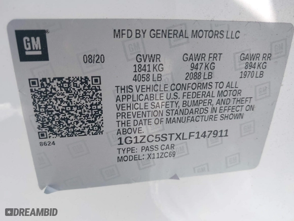 2020 Chevrolet Malibu LS with VIN 1G1ZC5STXLF147911, listed as a IAAI auction lot 41657390 with 61,932 mi miles. Bid and sale history available at carsss.com. Image 9.