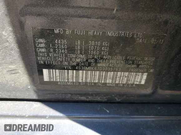 2013 Subaru Legacy Limited with VIN 4S3BMBK67D3035763, listed as a Copart auction lot 54105765 with Not Provided miles and Salvage Title. Bid and sale history available at DreamBid. Image 13.