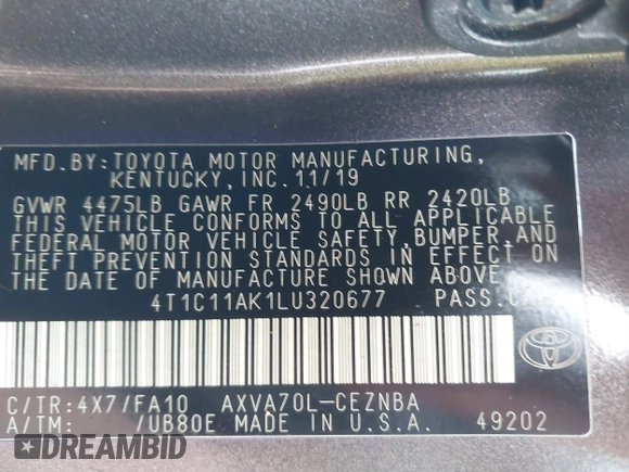2020 Toyota Camry LE with VIN 4T1C11AK1LU320677, listed as a IAAI auction lot 41914421 with 94,291 mi miles. Bid and sale history available at carsss.com. Image 9.
