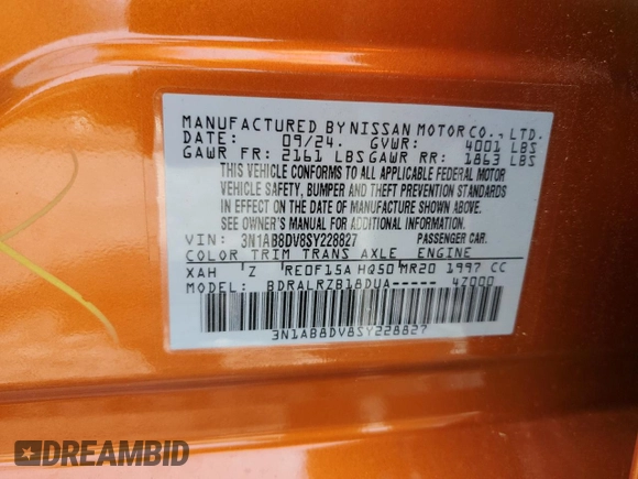 2025 Nissan Sentra SR with VIN 3N1AB8DV8SY228827, listed as a Copart auction lot 51458005 with 2,123 mi miles and Salvage Title. Bid and sale history available at DreamBid. Image 14.