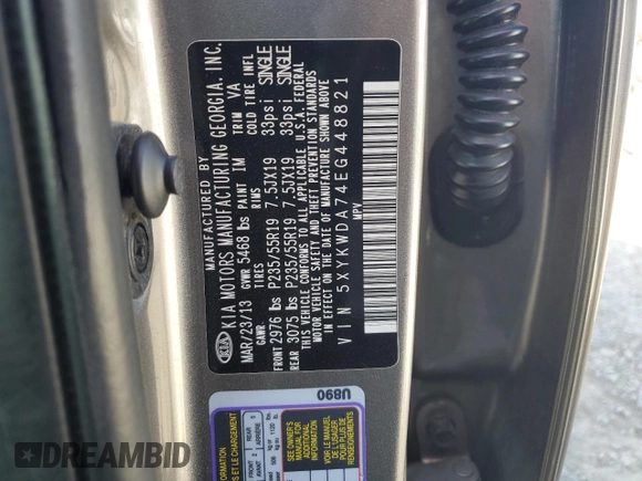 2014 Kia Sorento SX with VIN 5XYKWDA74EG448821, listed as a Copart auction lot 58160825 with 90,224 mi miles and Clean title. Bid and sale history available at DreamBid. Image 13.