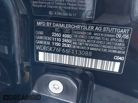 2006 Mercedes-Benz SL with VIN WDBSK76F66F113088, listed as a IAAI auction lot 41624451 with 21,116 mi miles and . Bid and sale history available at DreamBid. Image 9.