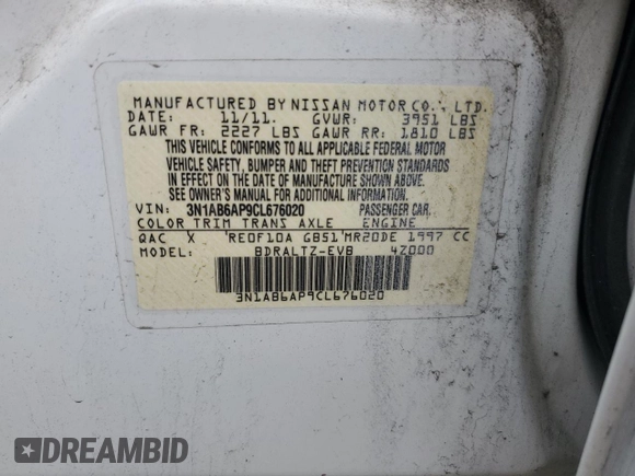 2012 Nissan Sentra SR with VIN 3N1AB6AP9CL676020, listed as a Copart auction lot 65062114 with 141,452 mi miles and Clean Title. Bid and sale history available at DreamBid. Image 12.