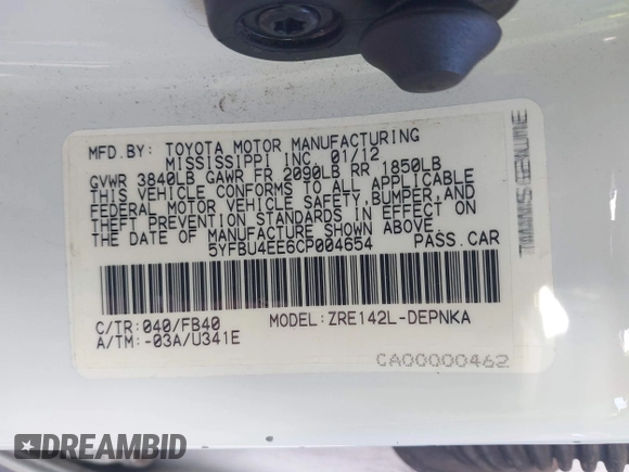 2012 Toyota Corolla L with VIN 5YFBU4EE6CP004654, listed as a IAAI auction lot 41939901 with 86,678 mi miles and . Bid and sale history available at DreamBid. Image 9.