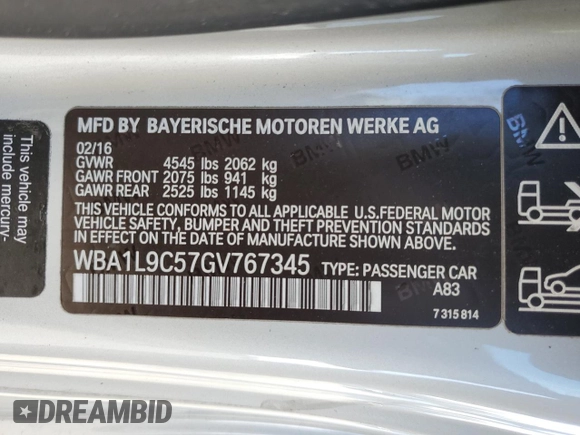 2016 BMW 2 Series 228i xDrive with VIN WBA1L9C57GV767345, listed as a Copart auction lot 45226505 with 78,327 mi miles and Salvage Title. Bid and sale history available at carsss.com. Image 15.