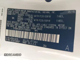 2015 Toyota Sienna Limited with VIN 5TDDK3DC2FS108045, listed as a IAAI auction lot 42398925 with 97,255 mi miles and . Bid and sale history available at DreamBid. Image 9.