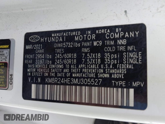 2021 Hyundai Palisade SEL z VIN KM8R24HE3MU305527, wystawiony jako IAAI lot #41890500 z przebiegiem 55 514 mil mil oraz . Historia ofert i sprzedaży dostępna na DreamBid. Obrazek 9.