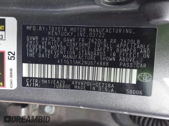 2022 Toyota Camry SE with VIN 4T1G11AK2NU674888, listed as a IAAI auction lot 41883188 with 41,566 mi miles and . Bid and sale history available at DreamBid. Image 9.