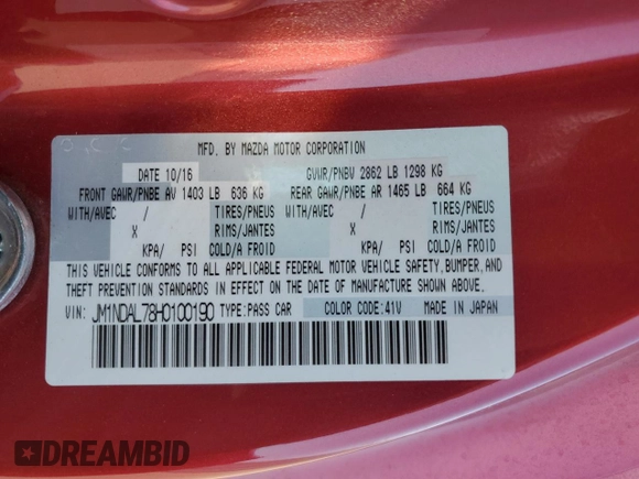 2017 Mazda MX-5 Miata Club with VIN JM1NDAL78H0100190, listed as a Copart auction lot 73037454 with 66,132 mi miles and Salvage title. Bid and sale history available at DreamBid. Image 13.