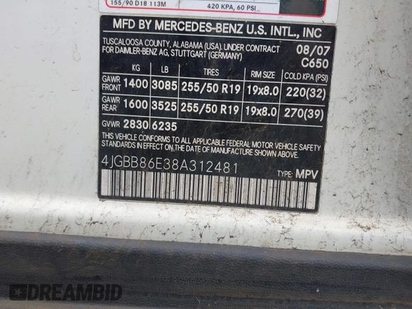 2008 Mercedes-Benz M 350 with VIN 4JGBB86E38A312481, listed as a IAAI auction lot 41605279 with 112,896 mi miles and . Bid and sale history available at DreamBid. Image 9.