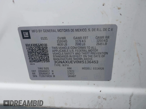 2021 Chevrolet Equinox LT with VIN 3GNAXUEV0MS136453, listed as a IAAI auction lot 42231627 with 139,111 mi miles and . Bid and sale history available at DreamBid. Image 9.