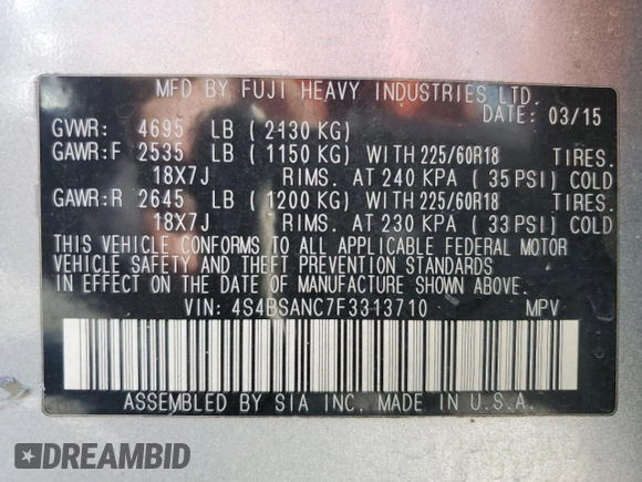 2015 Subaru Outback Limited z VIN 4S4BSANC7F3313710, wystawiony jako Copart lot #57454935 z przebiegiem 148 469 mil mil oraz Szkoda całkowita • Salvage title. Historia ofert i sprzedaży dostępna na DreamBid. Obrazek 13.