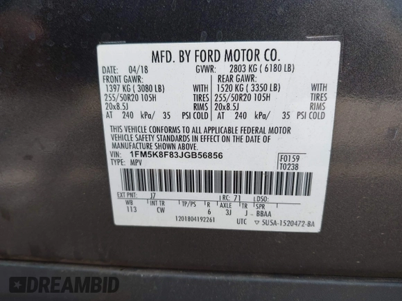2018 Ford Explorer Limited with VIN 1FM5K8F83JGB56856, listed as a IAAI auction lot 42085347 with 80,454 mi miles and . Bid and sale history available at DreamBid. Image 9.