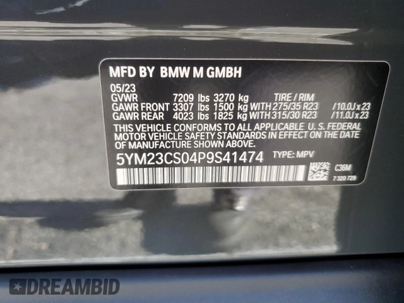 2023 BMW XM z VIN 5YM23CS04P9S41474, wystawiony jako Copart lot #64112444 z przebiegiem 13 109 mil mil oraz Szkoda całkowita • Salvage title. Historia ofert i sprzedaży dostępna na DreamBid. Obrazek 15.