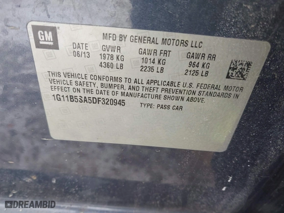 2013 Chevrolet Malibu LS with VIN 1G11B5SA5DF320945, listed as a IAAI auction lot 41620721 with 196,568 mi miles. Bid and sale history available at carsss.com. Image 9.