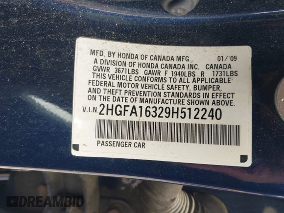 2009 Honda Civic DX-VP z VIN 2HGFA16329H512240, wystawiony jako IAAI lot #42310986 z przebiegiem 212 760 mil mil oraz . Historia ofert i sprzedaży dostępna na DreamBid. Obrazek 9.
