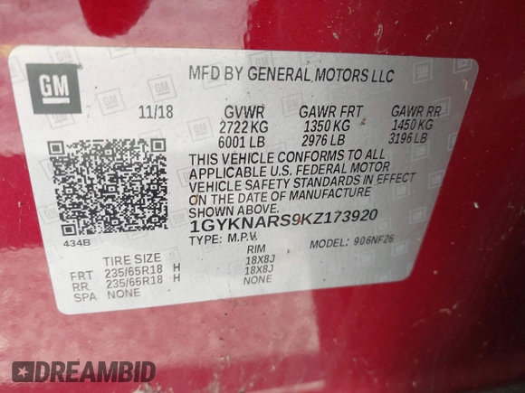 2019 Cadillac XT5 FWD with VIN 1GYKNARS9KZ173920, listed as a IAAI auction lot 42321141 with Not provided miles and . Bid and sale history available at DreamBid. Image 9.