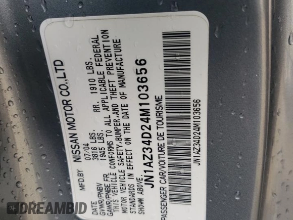 2004 Nissan 350Z Touring with VIN JN1AZ34D24M103656, listed as a Copart auction lot 55100955 with 130,561 mi miles and Salvage title. Bid and sale history available at DreamBid. Image 13.