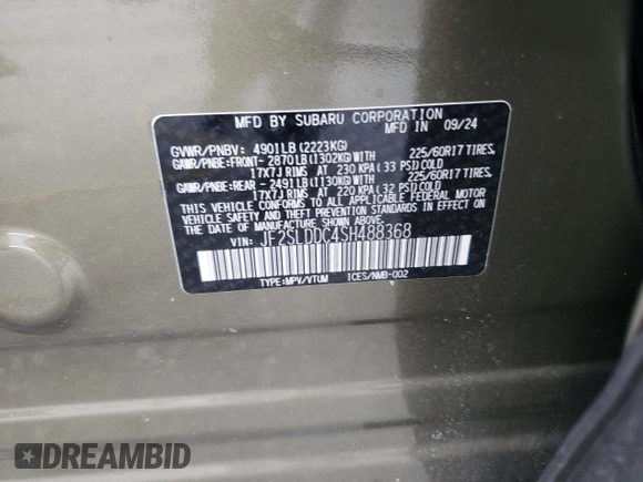 2025 Subaru Forester Premium with VIN JF2SLDDC4SH488368, listed as a Copart auction lot 59021945 with 3,770 mi miles and Salvage title. Bid and sale history available at DreamBid. Image 12.