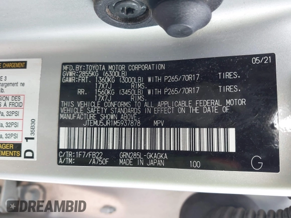 2021 Toyota 4Runner SR5 with VIN JTEMU5JR1M5937878, listed as a IAAI auction lot 42130560 with 85,547 mi miles and . Bid and sale history available at DreamBid. Image 9.