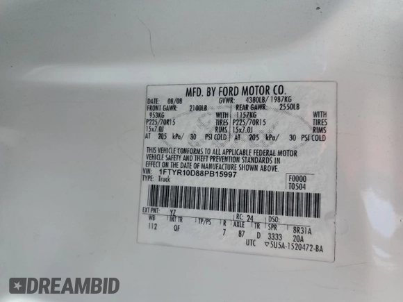 2008 Ford Ranger XL with VIN 1FTYR10D88PB15997, listed as a Copart auction lot 63665405 with 139,592 mi miles and Salvage title. Bid and sale history available at DreamBid. Image 13.
