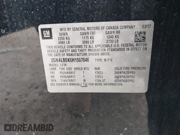 2017 Chevrolet Equinox LS with VIN 2GNALBEK6H1587846, listed as a IAAI auction lot 41612435 with 58,397 mi miles. Bid and sale history available at carsss.com. Image 9.