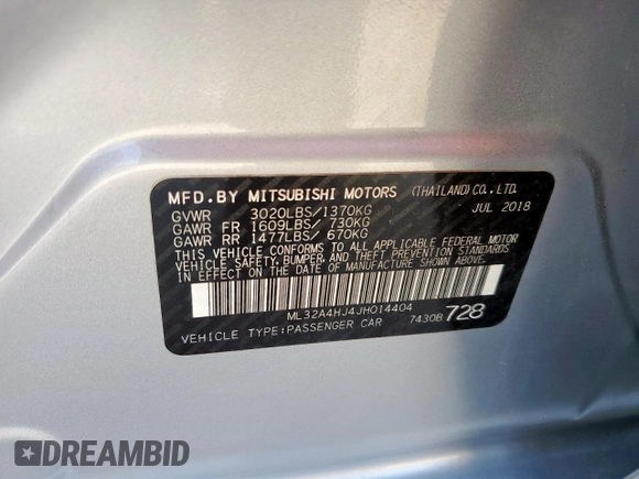 2018 Mitsubishi Mirage SE with VIN ML32A4HJ4JH014404, listed as a Copart auction lot 61178115 with 24,995 mi miles and Salvage title. Bid and sale history available at DreamBid. Image 12.